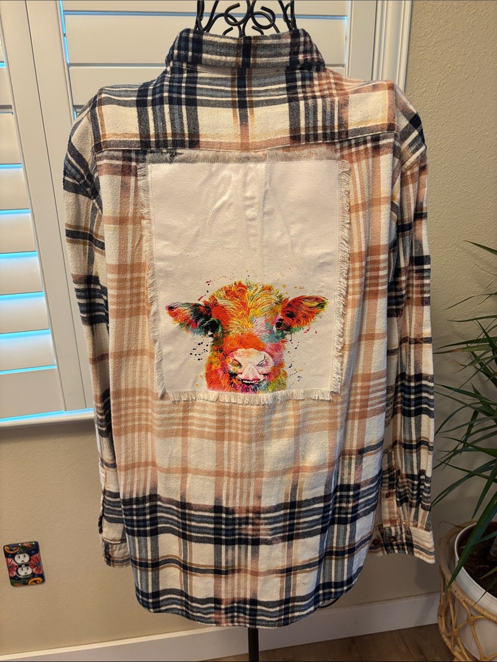 Handmade one of a kind Flannel with Colorful Cow Patch